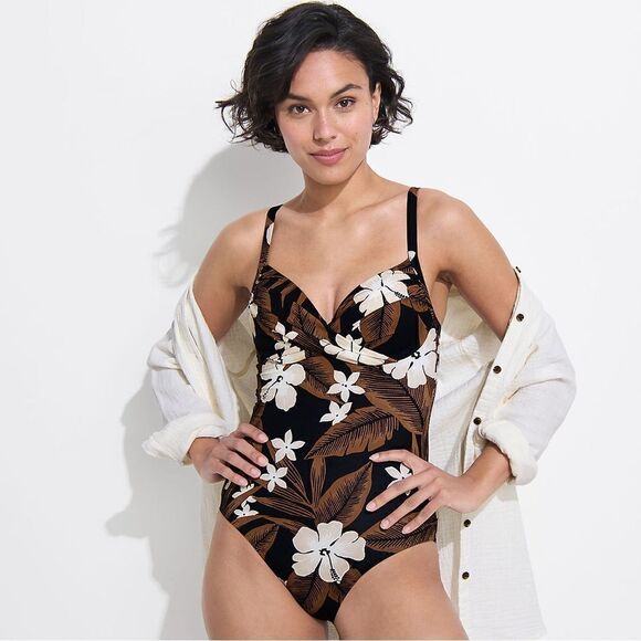 Land's End 1 piece suit chlorine resist targeted sculpting black floral palm Var - Picture 6 of 9